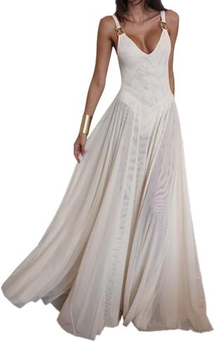 Women's Sexy Deep V-Neck Retro Sleeveless Solid Color Mesh A-line Dress Lace Cocktail Party Wedding Dress in Saudi Arabia