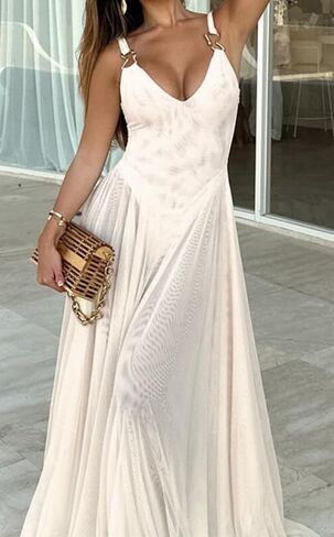 Women's Sexy Deep V-Neck Retro Sleeveless Solid Color Mesh A-line Dress Lace Cocktail Party Wedding Dress in Saudi Arabia