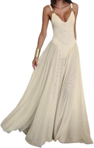 Women's Sexy Deep V-Neck Retro Sleeveless Solid Color Mesh A-line Dress Lace Cocktail Party Wedding Dress in Kuwait