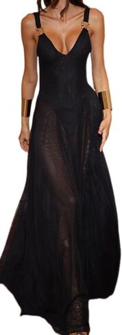 Women's Sexy Deep V-Neck Retro Sleeveless Solid Color Mesh A-line Dress Lace Cocktail Party Wedding Dress in Saudi Arabia
