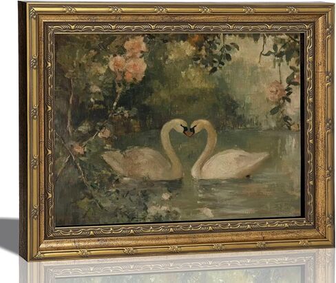 Vintage Gold Frame Romantic Swan Canvas Wall Art Classical Lake Couple Swan Wall Decor Grace Pink Green Nature Farmhouse Style Poster Print for Living Room Bedroom Home Decoration 9x11in in Saudi Arabia