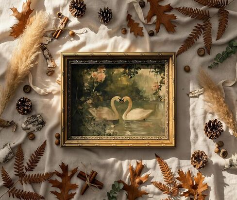 Vintage Gold Frame Romantic Swan Canvas Wall Art Classical Lake Couple Swan Wall Decor Grace Pink Green Nature Farmhouse Style Poster Print for Living Room Bedroom Home Decoration 9x11in in Saudi Arabia