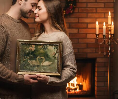 Vintage Gold Frame Romantic Swan Canvas Wall Art Classical Lake Couple Swan Wall Decor Grace Pink Green Nature Farmhouse Style Poster Print for Living Room Bedroom Home Decoration 9x11in in Saudi Arabia
