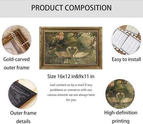 Vintage Gold Frame Romantic Swan Canvas Wall Art Classical Lake Couple Swan Wall Decor Grace Pink Green Nature Farmhouse Style Poster Print for Living Room Bedroom Home Decoration 9x11in in Saudi Arabia
