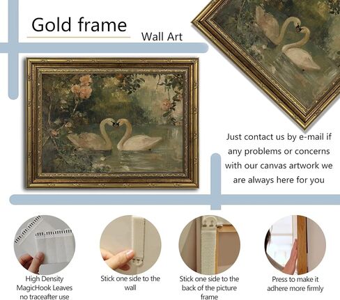 Vintage Gold Frame Romantic Swan Canvas Wall Art Classical Lake Couple Swan Wall Decor Grace Pink Green Nature Farmhouse Style Poster Print for Living Room Bedroom Home Decoration 9x11in in Saudi Arabia