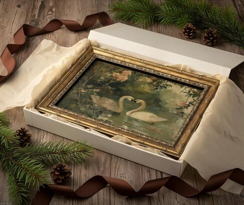 Vintage Gold Frame Romantic Swan Canvas Wall Art Classical Lake Couple Swan Wall Decor Grace Pink Green Nature Farmhouse Style Poster Print for Living Room Bedroom Home Decoration 9x11in in Saudi Arabia