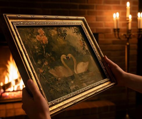 Vintage Gold Frame Romantic Swan Canvas Wall Art Classical Lake Couple Swan Wall Decor Grace Pink Green Nature Farmhouse Style Poster Print for Living Room Bedroom Home Decoration 9x11in in Saudi Arabia