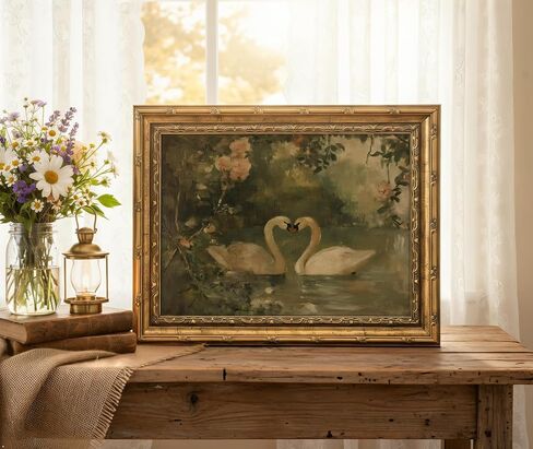 Vintage Gold Frame Romantic Swan Canvas Wall Art Classical Lake Couple Swan Wall Decor Grace Pink Green Nature Farmhouse Style Poster Print for Living Room Bedroom Home Decoration 9x11in in Saudi Arabia