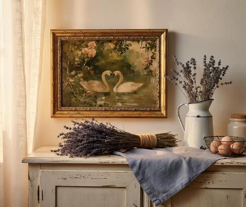 Vintage Gold Frame Romantic Swan Canvas Wall Art Classical Lake Couple Swan Wall Decor Grace Pink Green Nature Farmhouse Style Poster Print for Living Room Bedroom Home Decoration 9x11in in Saudi Arabia