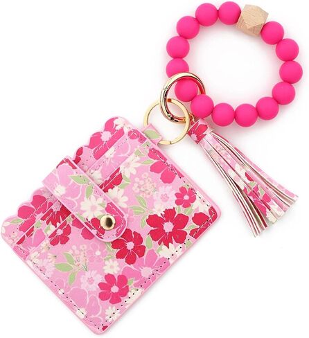 Printed Pattern Wristlet Keychain Wallet for Women Boho Credit Card Holder Aesthetic Bracelet Silicone Beaded Coin Purse (Zipper A) in Saudi Arabia