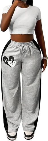 WDIRARA Women's Graphic Color Block Sweatpants Drawstring Waist Athletic Workout Pants in Saudi Arabia