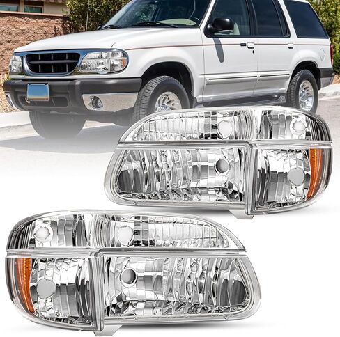 JSBOYAT 4pcs Halogen Headlight Assembly Replacement w/Corner Lights for 1995-2001 Ford Explorer / 1997 Mercury Mountaineer (Chrome Housing with Amber Reflector) in Saudi Arabia