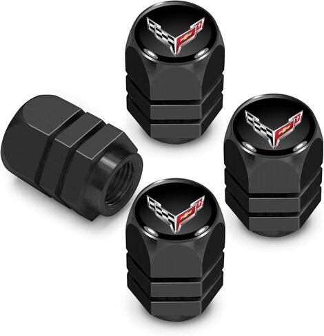 iPick Image for Chevrolet Corvette C8 Logo in Black on Silver Hexagon Shape Aluminum Tire Valve Stem Caps in Saudi Arabia