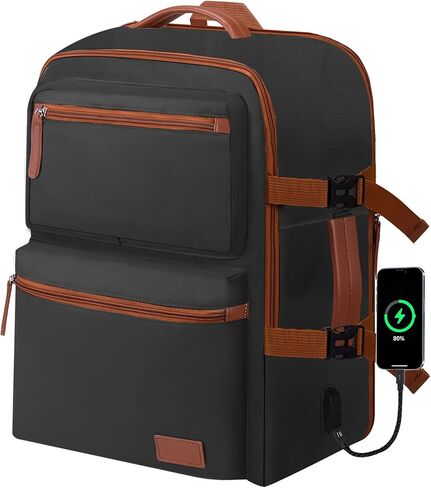 حقيبة ظهر للسفر قابلة للتوسيع للنساء والرجال مع منفذ شحن USB، حقيبة ظهر للكمبيوتر المحمول مقاس 15.6 بوصة مقاومة للماء للحمل أثناء الطيران معتمدة للسفر والعمل والمشي لمسافات طويلة في الكلية، باللون الأسود in Kuwait