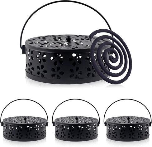 4 Pcs Mosquito Coil Holder Incense Coil Holder, Retro Iron Portable Hanging Outdoor Incense Burner Holder with Handle Round Metal Incense Holder for Home Camping Indoor Outdoor Patio (Black) in Kuwait