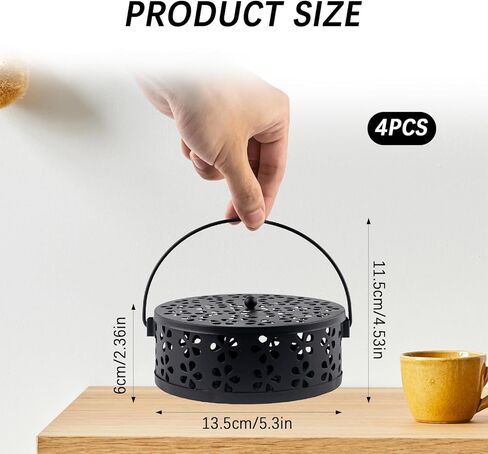 4 Pcs Mosquito Coil Holder Incense Coil Holder, Retro Iron Portable Hanging Outdoor Incense Burner Holder with Handle Round Metal Incense Holder for Home Camping Indoor Outdoor Patio (Black) in Kuwait