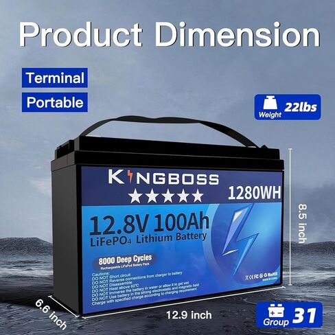 Kingboss 12V 100Ah LiFePO4، بطارية ليثيوم 15000 دورة عميقة بطارية ليثيوم فوسفات الحديد مع 100A Smart BMS قابلة للشحن 1280Wh LiFePO4 بطارية للطاقة المنزلية، القوارب، RV، النظام الشمسي in Kuwait