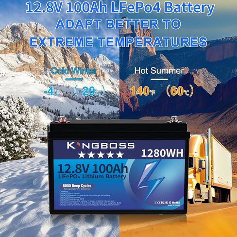 Kingboss 12V 100Ah LiFePO4، بطارية ليثيوم 15000 دورة عميقة بطارية ليثيوم فوسفات الحديد مع 100A Smart BMS قابلة للشحن 1280Wh LiFePO4 بطارية للطاقة المنزلية، القوارب، RV، النظام الشمسي in Kuwait