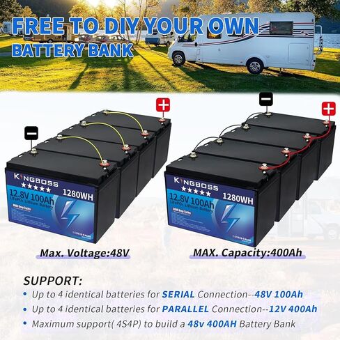 Kingboss 12V 100Ah LiFePO4، بطارية ليثيوم 15000 دورة عميقة بطارية ليثيوم فوسفات الحديد مع 100A Smart BMS قابلة للشحن 1280Wh LiFePO4 بطارية للطاقة المنزلية، القوارب، RV، النظام الشمسي in Kuwait