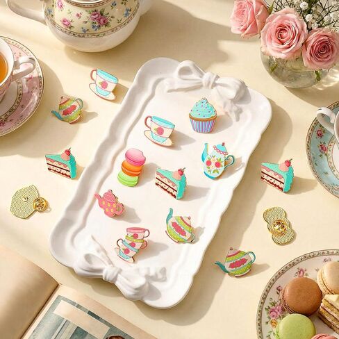 Yinkin 35 Pcs Spring Tea Party Decorations Tea Party Enamel Pins Bulk Teacup Cupcakes Teapot Lapel Pins Alloy Brooches for Girls Women Clothing Bag Hat Decor in Saudi Arabia