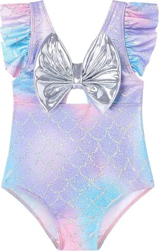 Toddler Baby Girl One Piece Swimsuit Ruffle Mermaid Sparkly Back Bow-Knot Swimwear Infant Bathing Suit for 1-5 Years in Kuwait