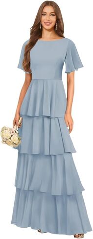Tiered Chiffon Bridesmaid Dresses for Women with Flutter Sleeves A Line Long Formal Wedding Guest Dress in Saudi Arabia