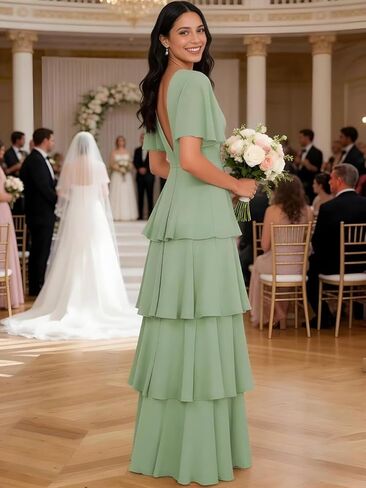 Tiered Chiffon Bridesmaid Dresses for Women with Flutter Sleeves A Line Long Formal Wedding Guest Dress in Saudi Arabia