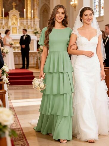 Tiered Chiffon Bridesmaid Dresses for Women with Flutter Sleeves A Line Long Formal Wedding Guest Dress in Saudi Arabia