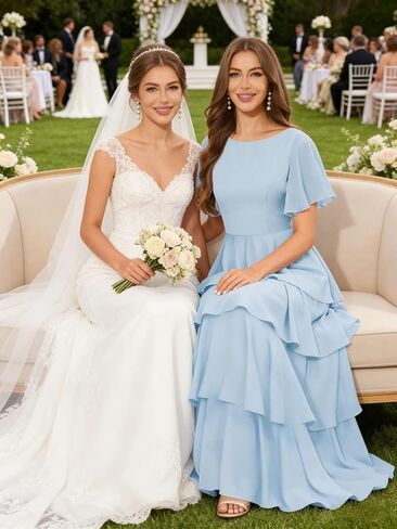 Tiered Chiffon Bridesmaid Dresses for Women with Flutter Sleeves A Line Long Formal Wedding Guest Dress in Saudi Arabia
