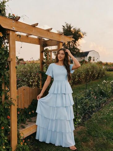 Tiered Chiffon Bridesmaid Dresses for Women with Flutter Sleeves A Line Long Formal Wedding Guest Dress in Saudi Arabia