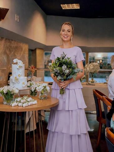 Tiered Chiffon Bridesmaid Dresses for Women with Flutter Sleeves A Line Long Formal Wedding Guest Dress in Saudi Arabia