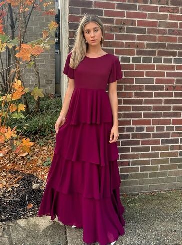 Tiered Chiffon Bridesmaid Dresses for Women with Flutter Sleeves A Line Long Formal Wedding Guest Dress in Saudi Arabia