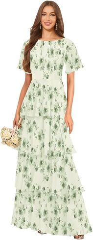 Tiered Chiffon Bridesmaid Dresses for Women with Flutter Sleeves A Line Long Formal Wedding Guest Dress in Saudi Arabia