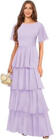 Tiered Chiffon Bridesmaid Dresses for Women with Flutter Sleeves A Line Long Formal Wedding Guest Dress in Saudi Arabia