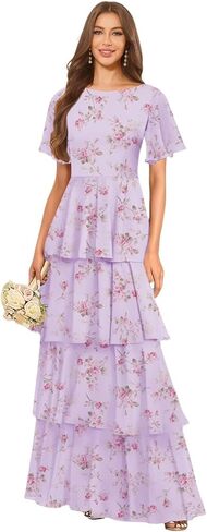 Tiered Chiffon Bridesmaid Dresses for Women with Flutter Sleeves A Line Long Formal Wedding Guest Dress in Saudi Arabia