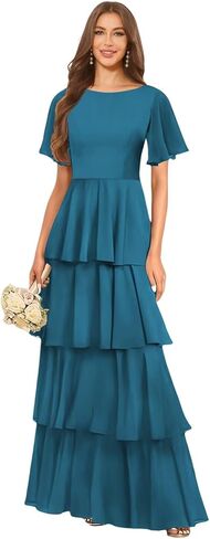 Tiered Chiffon Bridesmaid Dresses for Women with Flutter Sleeves A Line Long Formal Wedding Guest Dress in Saudi Arabia