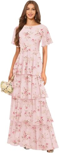 Tiered Chiffon Bridesmaid Dresses for Women with Flutter Sleeves A Line Long Formal Wedding Guest Dress in Saudi Arabia