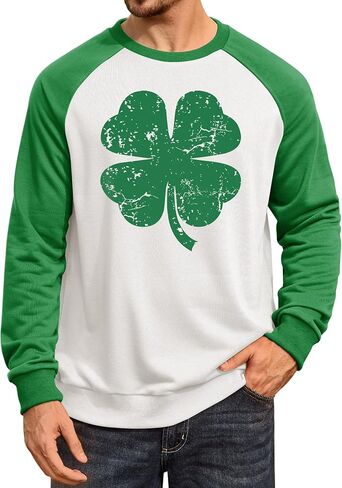 Arvilhill Men St Patrick's Day Sweatshirts Raglan Shirt Parade Shamrock Irish Classic Print Novelty Party Paddys Pullover White Green 4 Leaf Clover XL in Saudi Arabia