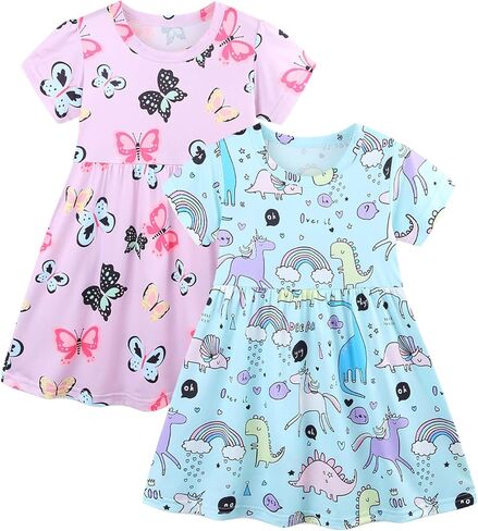 Toddler Girl Summer Short Sleeve Dress Casual Playwear Print Dresses 2-Pack in Saudi Arabia