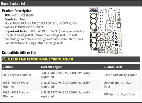 Head Gasket Set - Compatible with 1996-2002 Toyota 4Runner 3.4L V6 DOHC 24-Valve 5VZFE in Saudi Arabia
