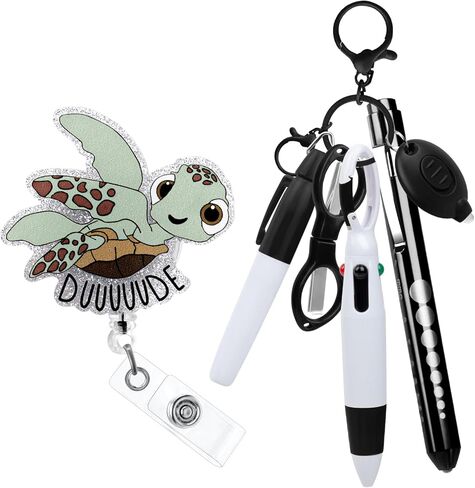 7 Pcs Nurse Badge Accessories Includes Funny Badge Reels, Permanent Marker Pen, Retractable Ballpoint Pen, Nurse Pen Light, Keychain Clip, Foldable Scissors, LED Flashlight (Pink) in Kuwait