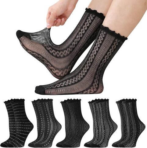 Women's Ruffle Socks 10 Pairs, Mesh Cotton Frilly Ankle Socks with Lotus Leaf Edge Breathable Lightweight Crew Sock in Saudi Arabia
