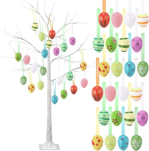 4 ft Easter White Birch Tree with 48 LED Lights, USB Powered Timer, 24 Hanging Easter Egg Ornaments, Tabletop Artificial Tree for Indoor Outdoor Spring Home Decor(Exquisite) in Saudi Arabia