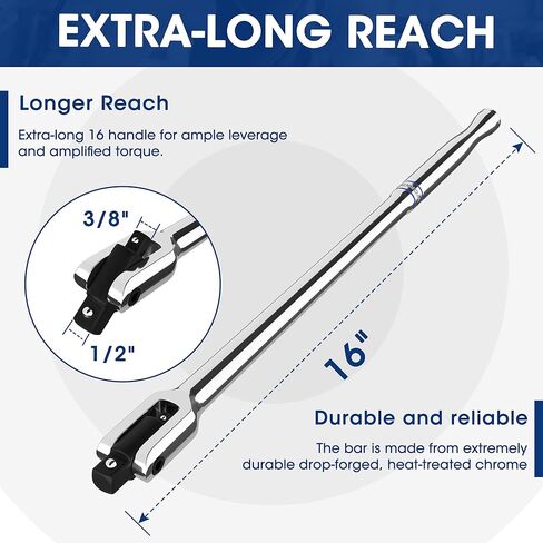 WORKPRO 16-inch Dual Drive Breaker Bar, 3/8" & 1/2" Drive, Heavy Duty Breaker Bars with 360° Flex Head, Spring-loaded Detent Ball, CR-MO Head, Premium Chrome Vanadium Steel with Black Phosphate Finish in Saudi Arabia