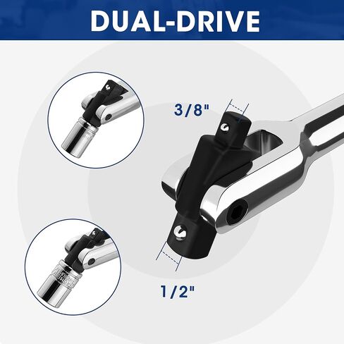 WORKPRO 16-inch Dual Drive Breaker Bar, 3/8" & 1/2" Drive, Heavy Duty Breaker Bars with 360° Flex Head, Spring-loaded Detent Ball, CR-MO Head, Premium Chrome Vanadium Steel with Black Phosphate Finish in Saudi Arabia