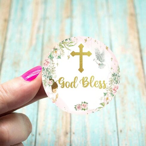 ملصقات متقاطعة أنيقة باللونين الوردي والذهبي مقاس 2 بوصة ملصقات ملصقات God Bless للمعمودية الدينية والتأكيد والتعميد والتواصل الأول - عدد 50 in Kuwait