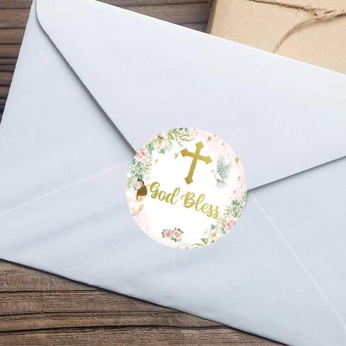 ملصقات متقاطعة أنيقة باللونين الوردي والذهبي مقاس 2 بوصة ملصقات ملصقات God Bless للمعمودية الدينية والتأكيد والتعميد والتواصل الأول - عدد 50 in Kuwait