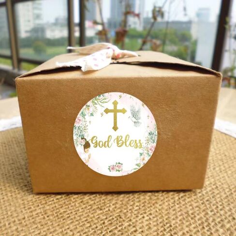 ملصقات متقاطعة أنيقة باللونين الوردي والذهبي مقاس 2 بوصة ملصقات ملصقات God Bless للمعمودية الدينية والتأكيد والتعميد والتواصل الأول - عدد 50 in Kuwait