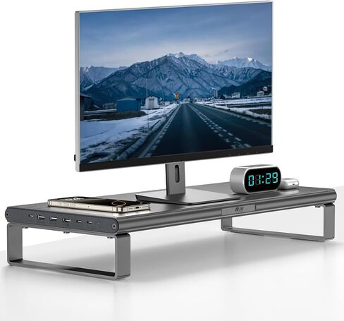 حامل شاشة مع قاعدة تركيب، حامل شاشة من الألومنيوم مع قاعدة تركيب 6 في 1: 4K HDMI، USB-C، USB 3.0، PD 100W، شحن لاسلكي، حامل مكتب معدني مع مساحة تخزين - رمادي فضي in Kuwait
