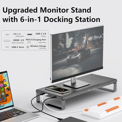 حامل شاشة مع قاعدة تركيب، حامل شاشة من الألومنيوم مع قاعدة تركيب 6 في 1: 4K HDMI، USB-C، USB 3.0، PD 100W، شحن لاسلكي، حامل مكتب معدني مع مساحة تخزين - رمادي فضي in Kuwait